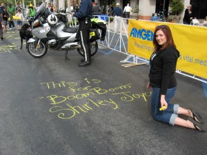 My lovely daughter, Casey, writing a tribute to our dear friend Shirley Joyce. This was when Lance was still Live Strong...
